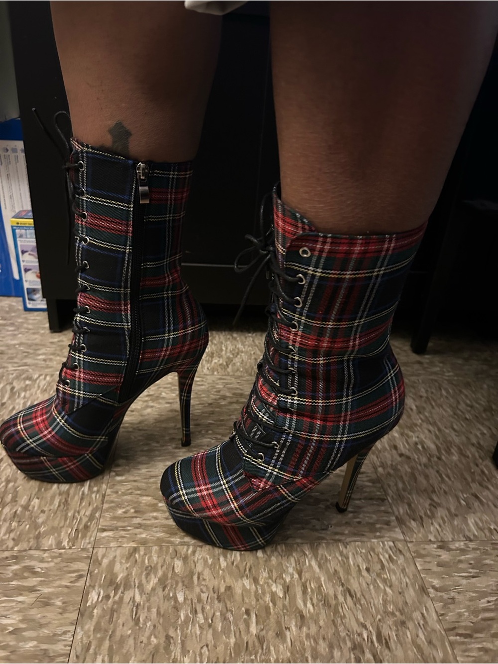 Plaid Lace-Up Stiletto Ankle Boots - Red/Navy